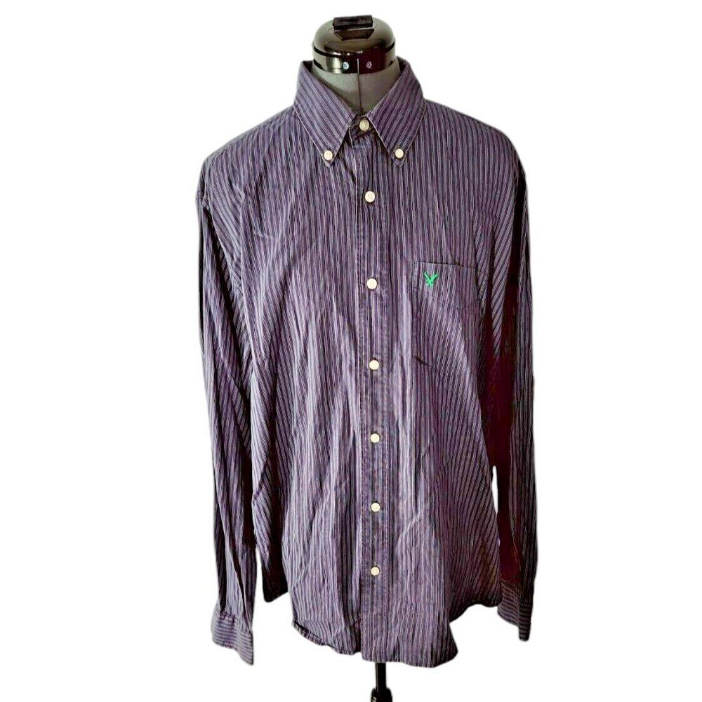 American Eagle Mens Navy Blue White Striped Button Down Shirt Large Standard Fit